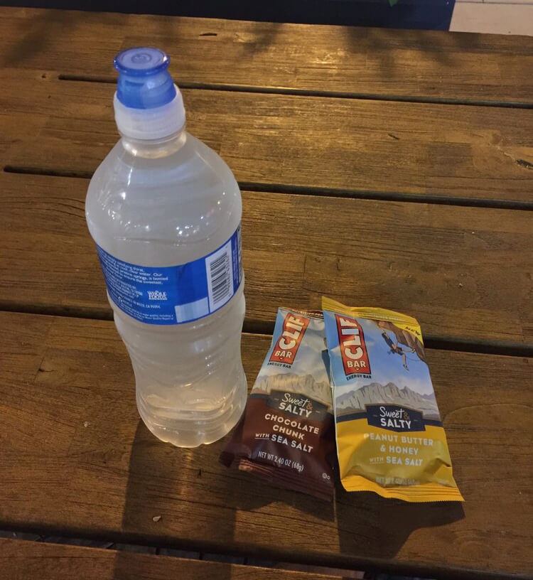 water bottle and clif bars