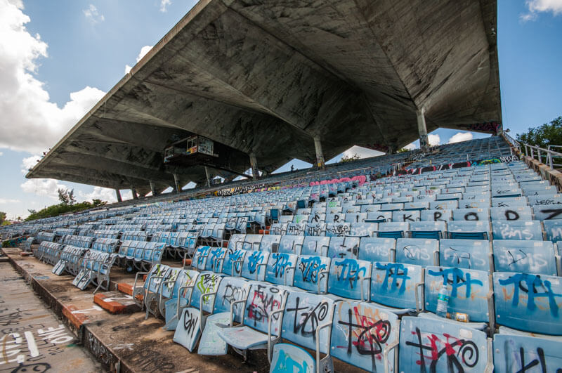 empty stadium full of graffiti