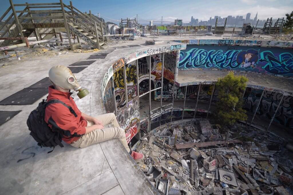 urban explorer wearing a gas mask